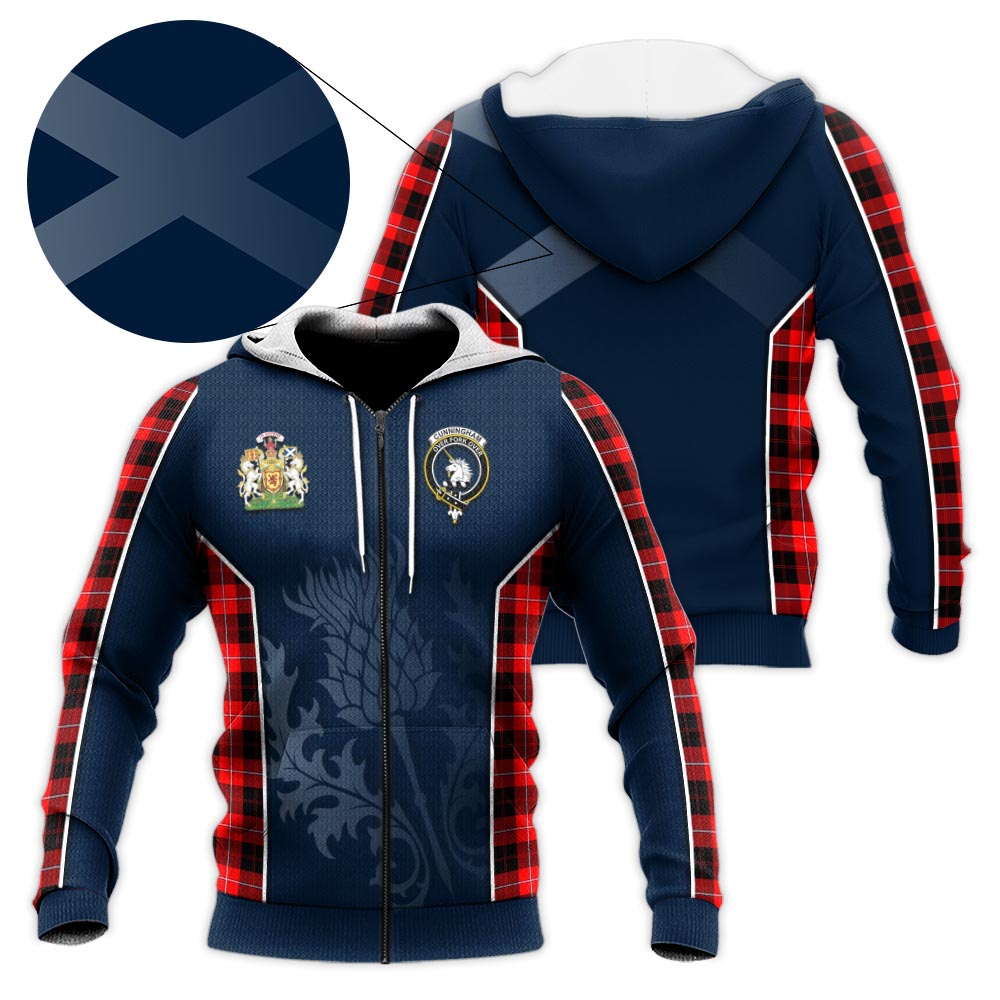 Tartan Vibes Clothing Cunningham Modern Tartan Knitted Hoodie with Family Crest and Scottish Thistle Vibes Sport Style