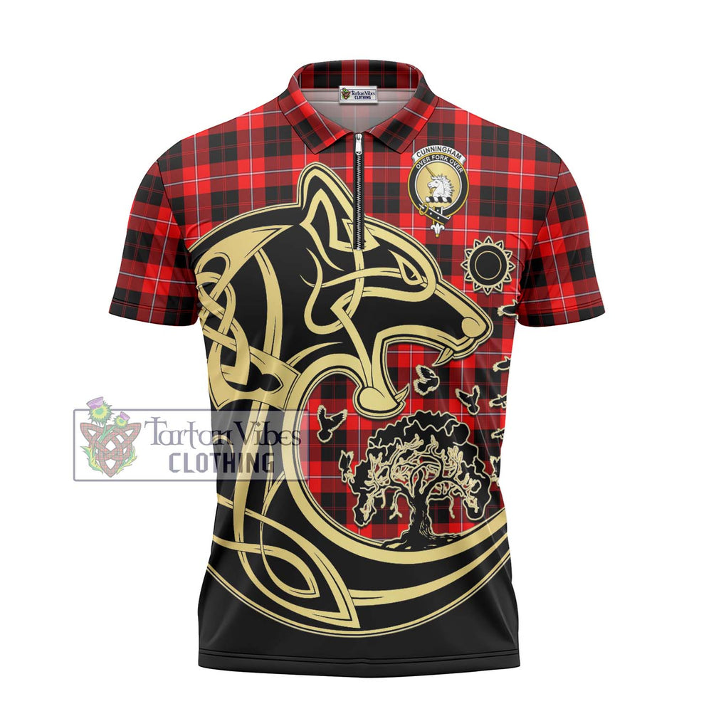 Cunningham Modern Tartan Zipper Polo Shirt with Family Crest Celtic Wolf Style - Tartanvibesclothing Shop