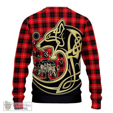 Cunningham Modern Tartan Ugly Sweater with Family Crest Celtic Wolf Style