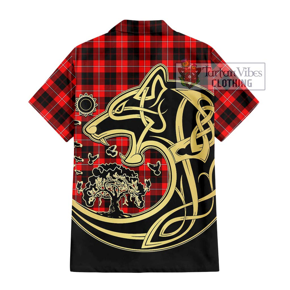 Cunningham Modern Tartan Short Sleeve Button Shirt with Family Crest Celtic Wolf Style - Tartan Vibes Clothing