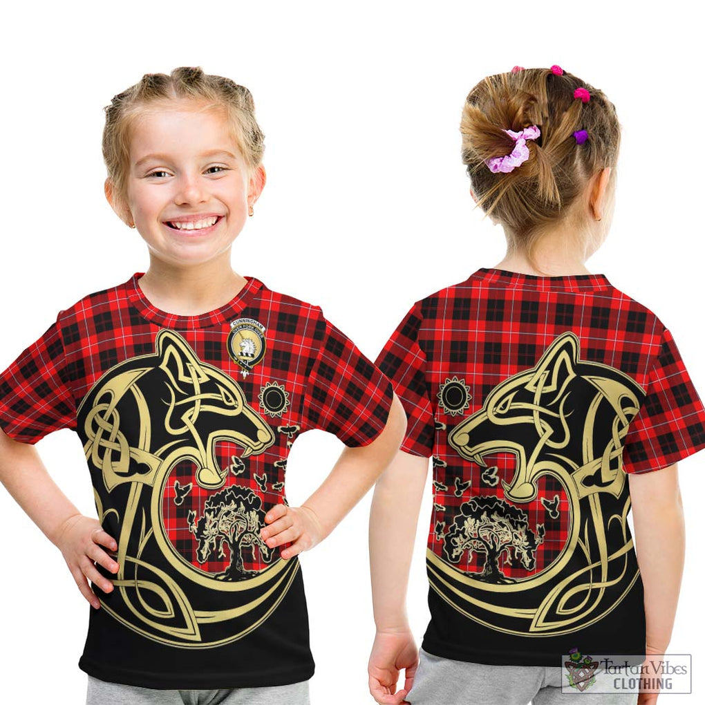 Cunningham Modern Tartan Kid T-Shirt with Family Crest Celtic Wolf Style - Tartan Vibes Clothing