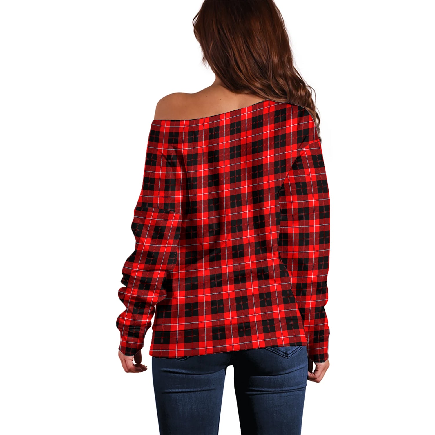 Cunningham Modern Tartan Off Shoulder Women Sweater with Family Crest - Tartanvibesclothing