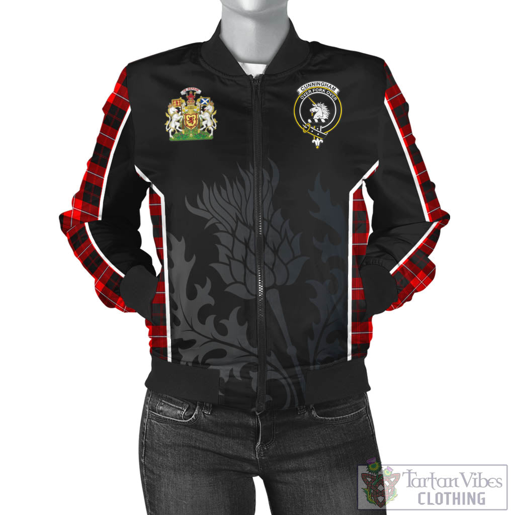 Tartan Vibes Clothing Cunningham Modern Tartan Bomber Jacket with Family Crest and Scottish Thistle Vibes Sport Style