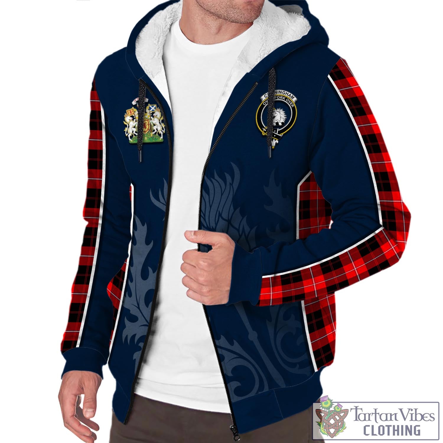 Tartan Vibes Clothing Cunningham Modern Tartan Sherpa Hoodie with Family Crest and Scottish Thistle Vibes Sport Style