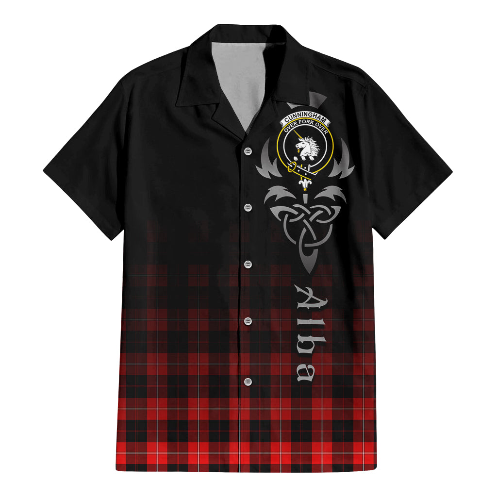 Tartan Vibes Clothing Cunningham Modern Tartan Short Sleeve Button Up Featuring Alba Gu Brath Family Crest Celtic Inspired