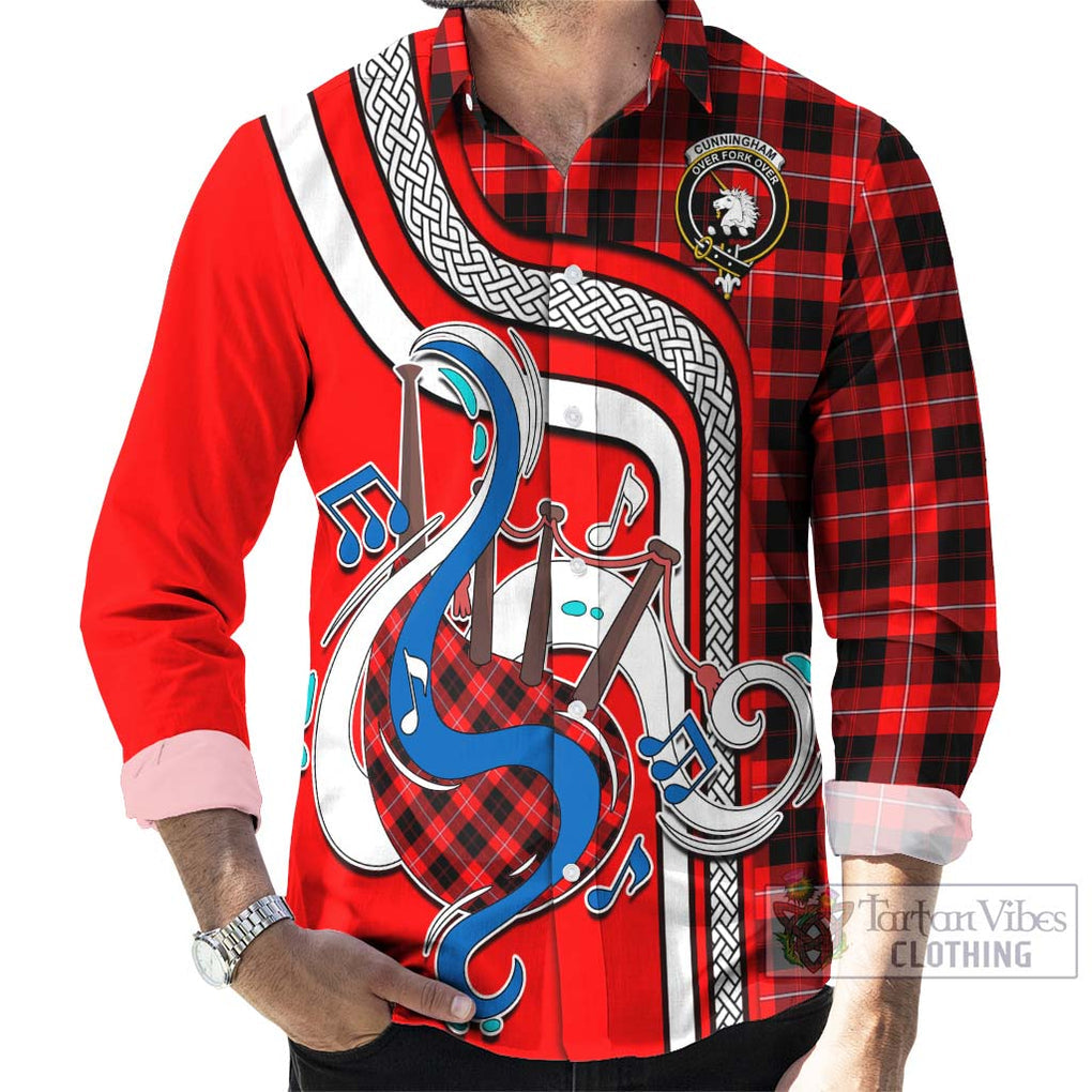 Cunningham Modern Tartan Long Sleeve Button Shirt with Epic Bagpipe Style - Tartanvibesclothing Shop