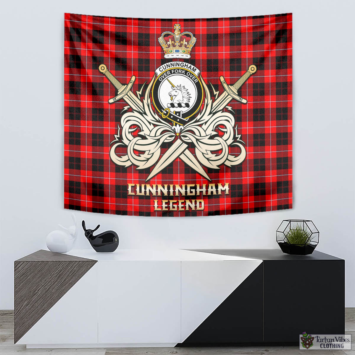 Tartan Vibes Clothing Cunningham Modern Tartan Tapestry with Clan Crest and the Golden Sword of Courageous Legacy