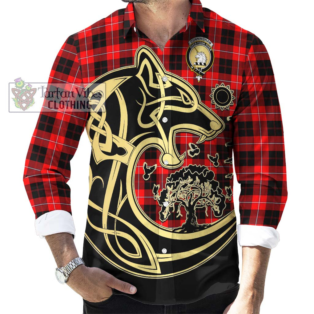 Cunningham Modern Tartan Long Sleeve Button Shirt with Family Crest Celtic Wolf Style - Tartan Vibes Clothing