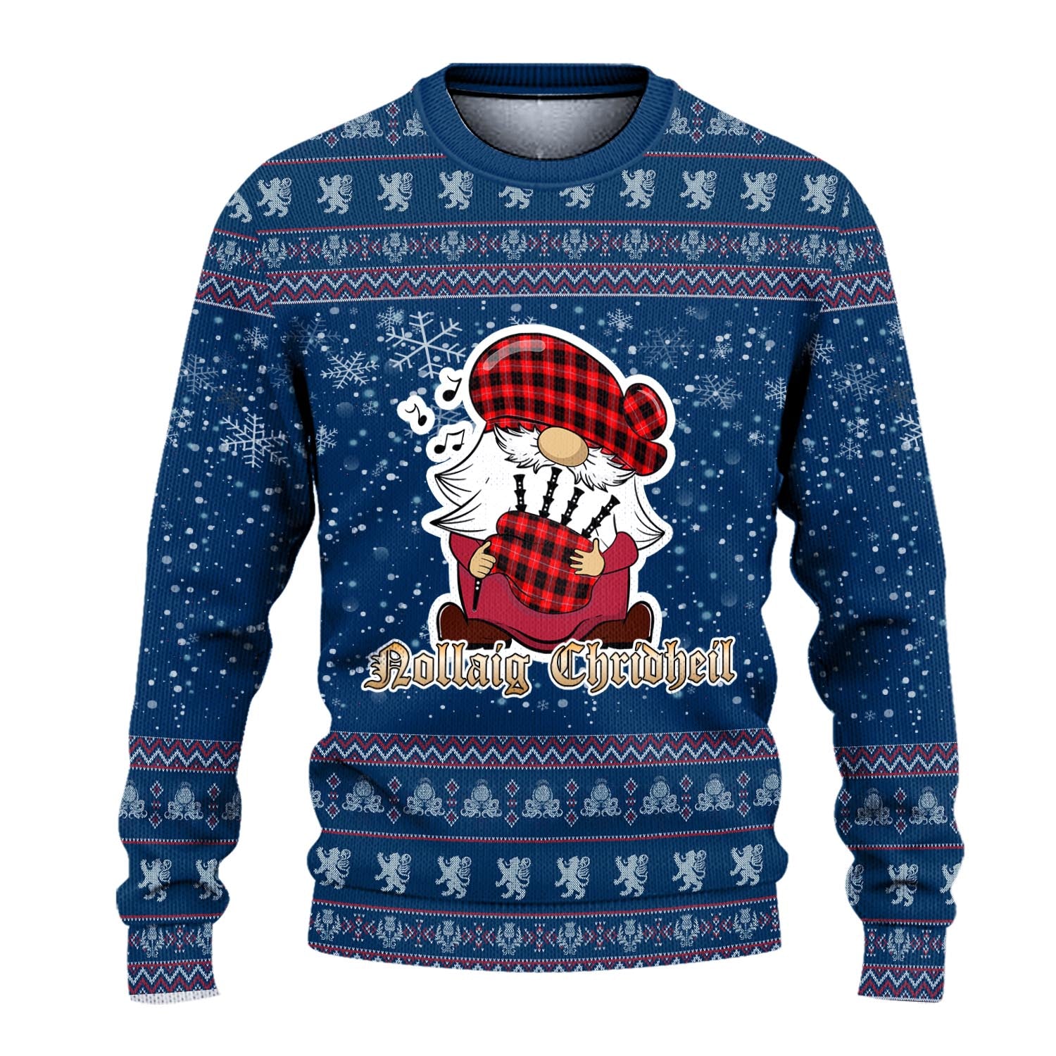 Cunningham Modern Clan Christmas Family Knitted Sweater with Funny Gnome Playing Bagpipes - Tartanvibesclothing