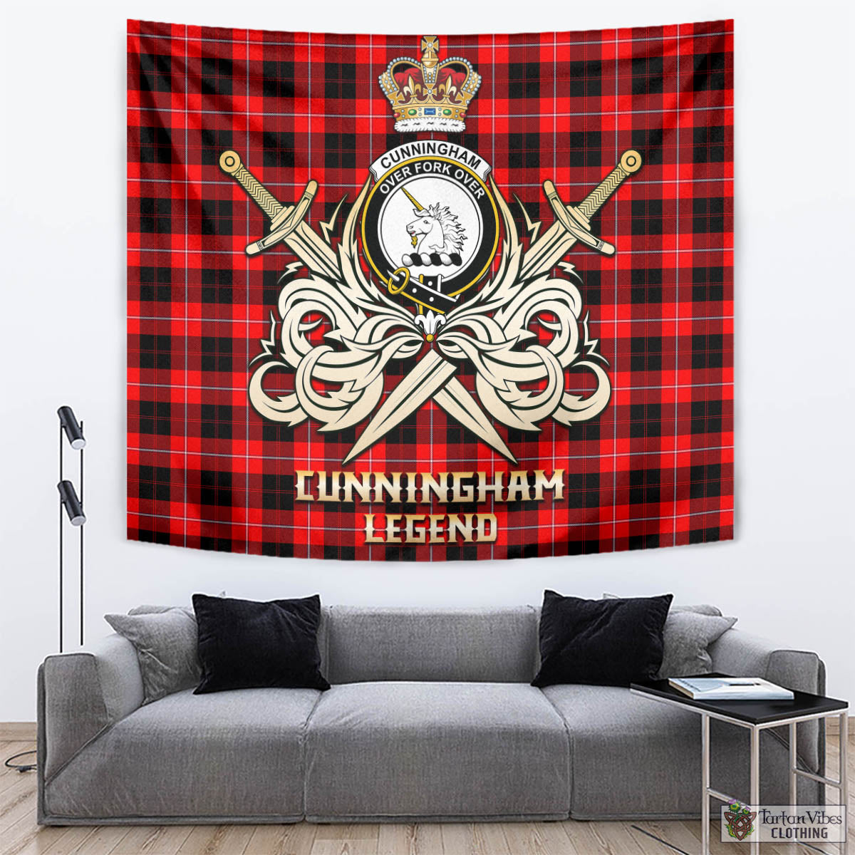 Tartan Vibes Clothing Cunningham Modern Tartan Tapestry with Clan Crest and the Golden Sword of Courageous Legacy