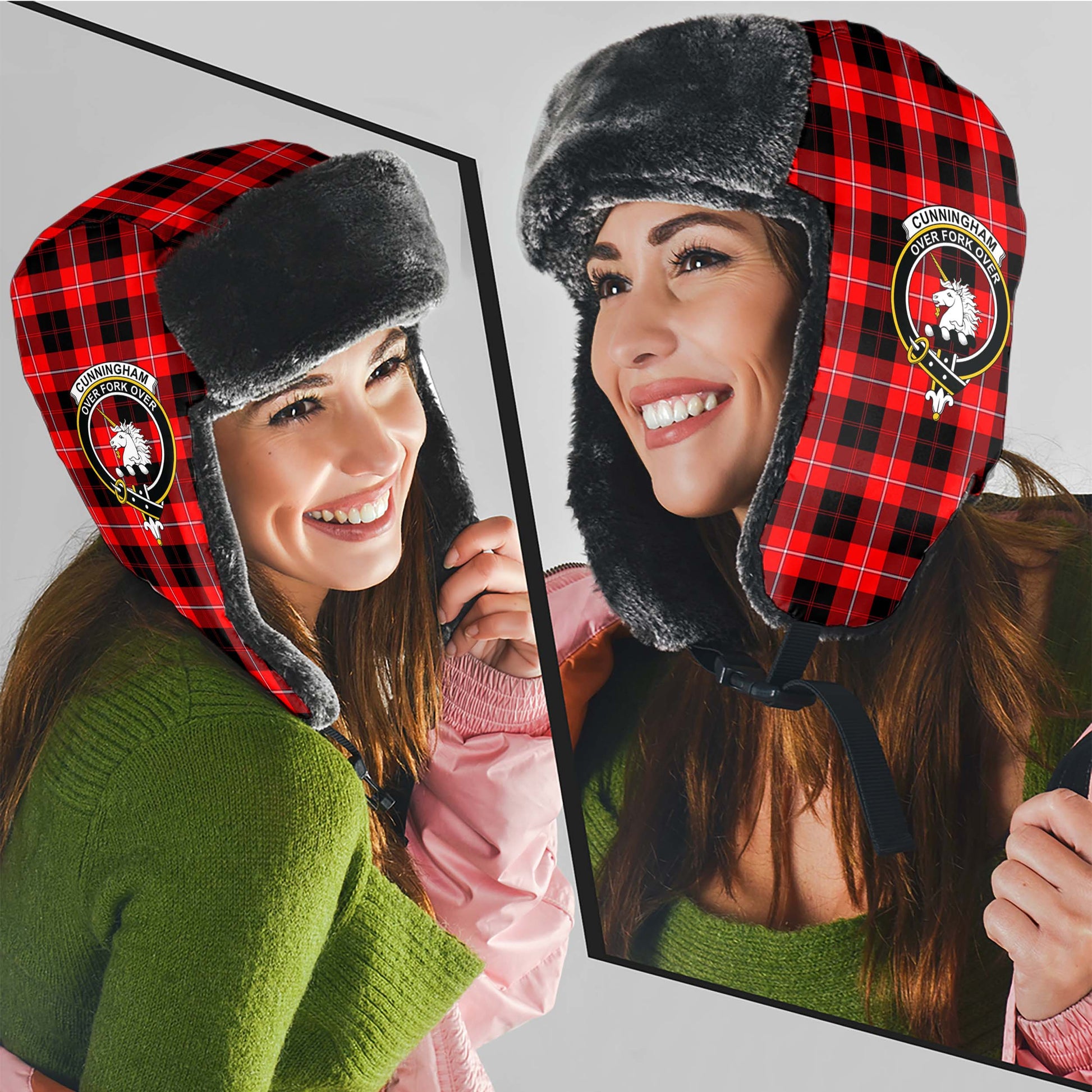 Cunningham Modern Tartan Winter Trapper Hat with Family Crest - Tartanvibesclothing