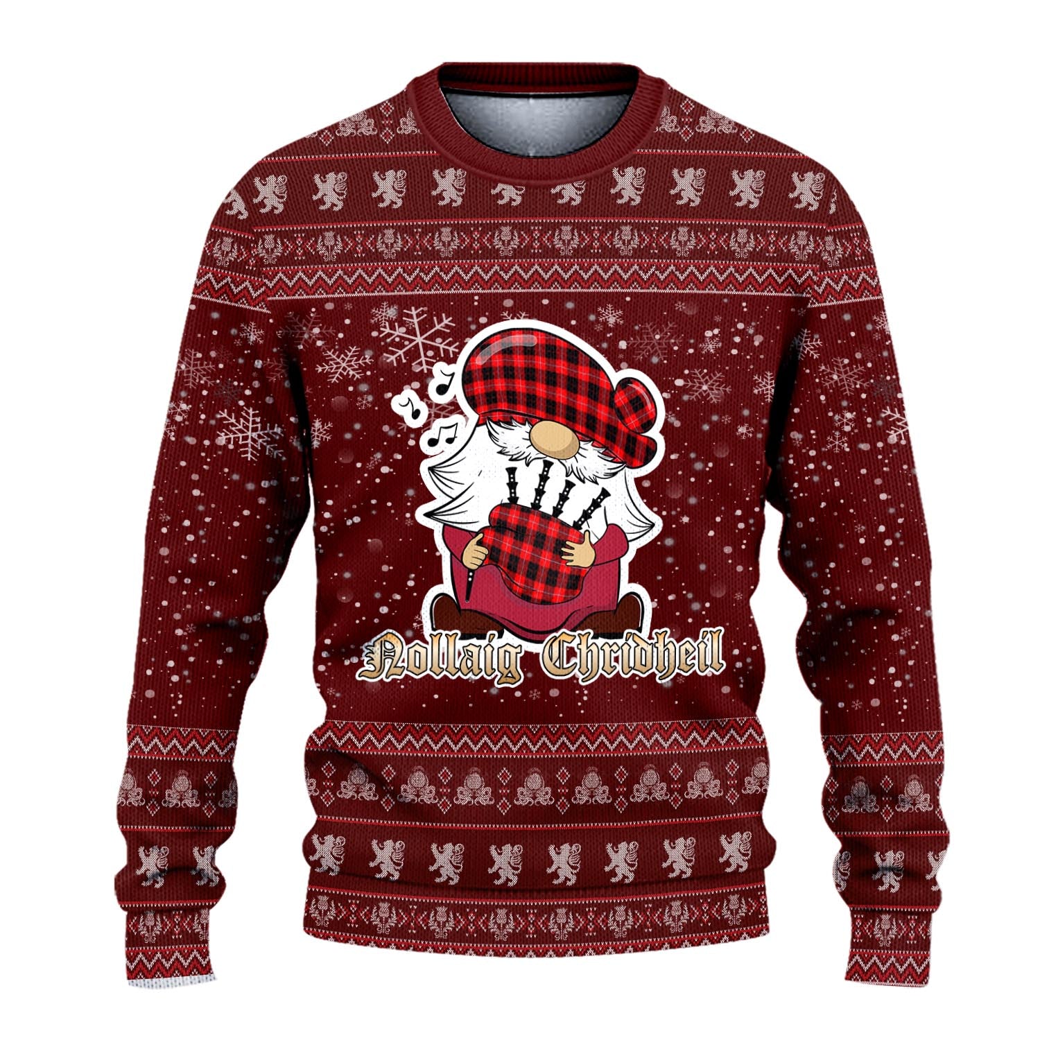 Cunningham Modern Clan Christmas Family Knitted Sweater with Funny Gnome Playing Bagpipes - Tartanvibesclothing