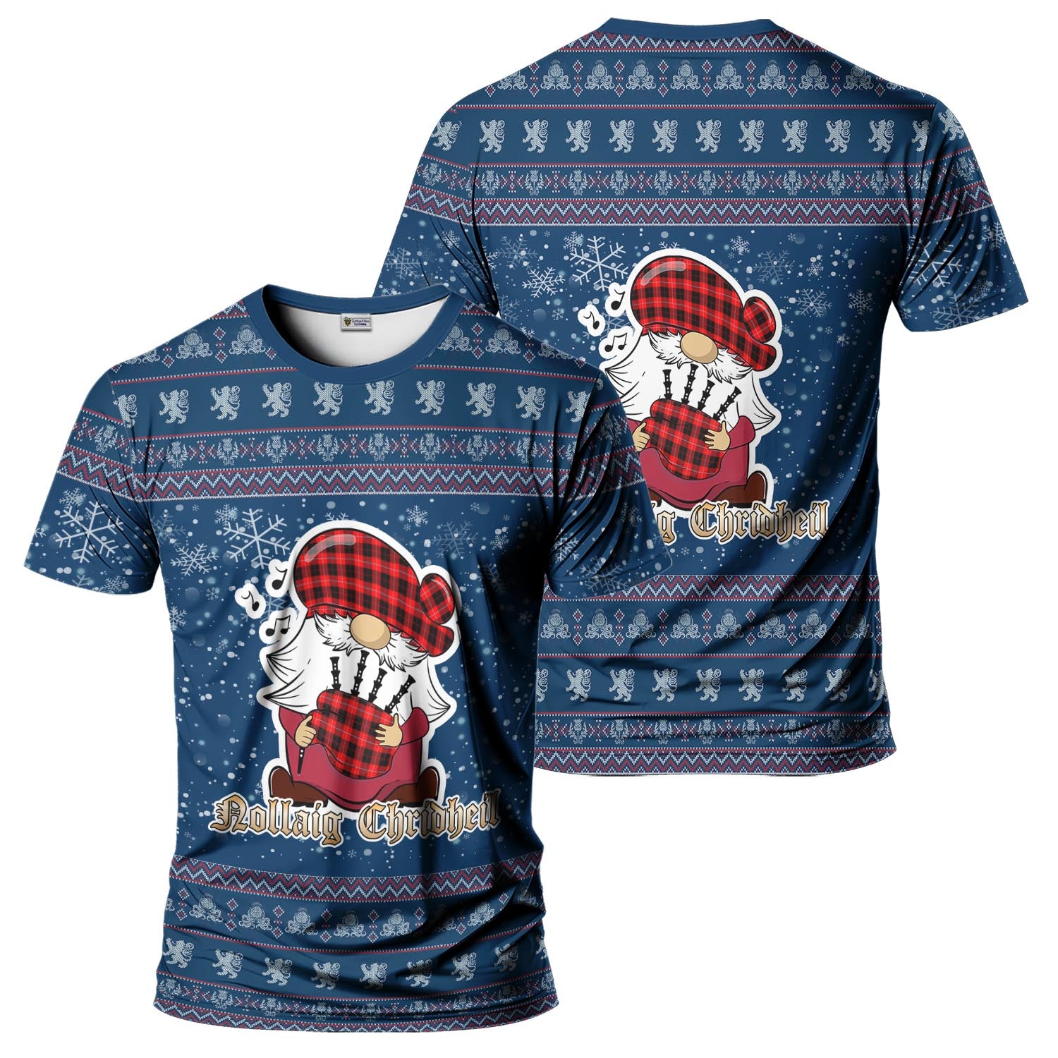 Cunningham Modern Clan Christmas Family T-Shirt with Funny Gnome Playing Bagpipes Kid's Shirt Blue - Tartanvibesclothing