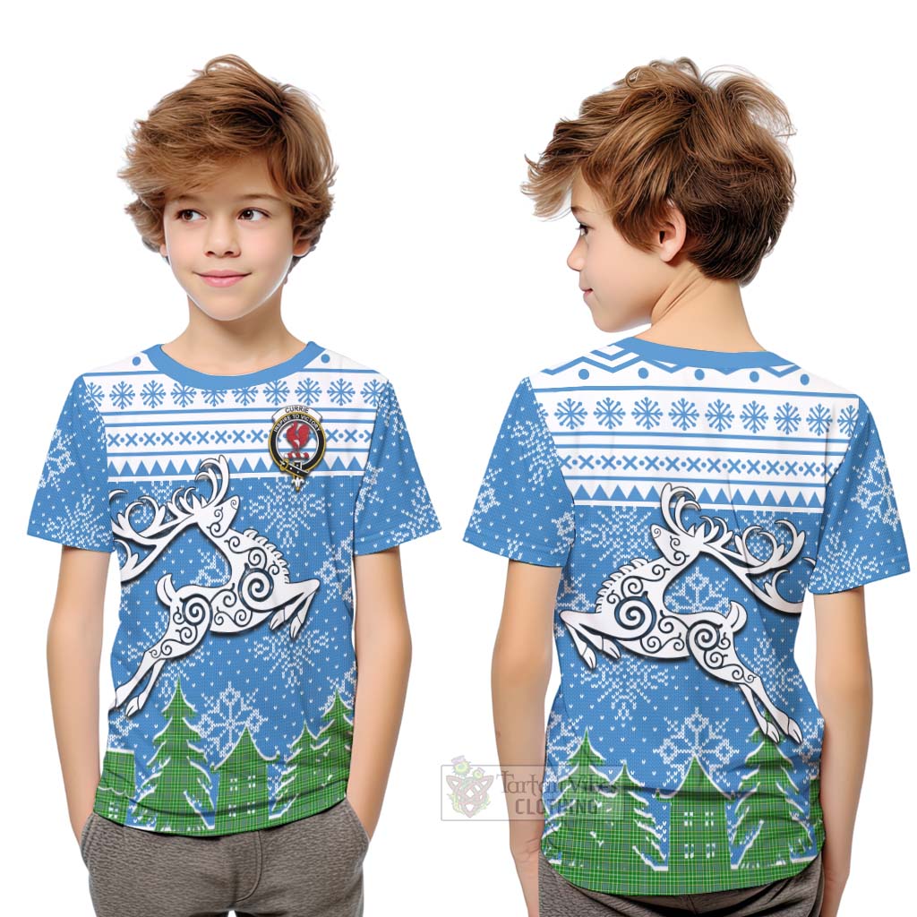 Tartan Vibes Clothing Currie Clan Christmas Kid T-Shirt Celtic Reindeer Style