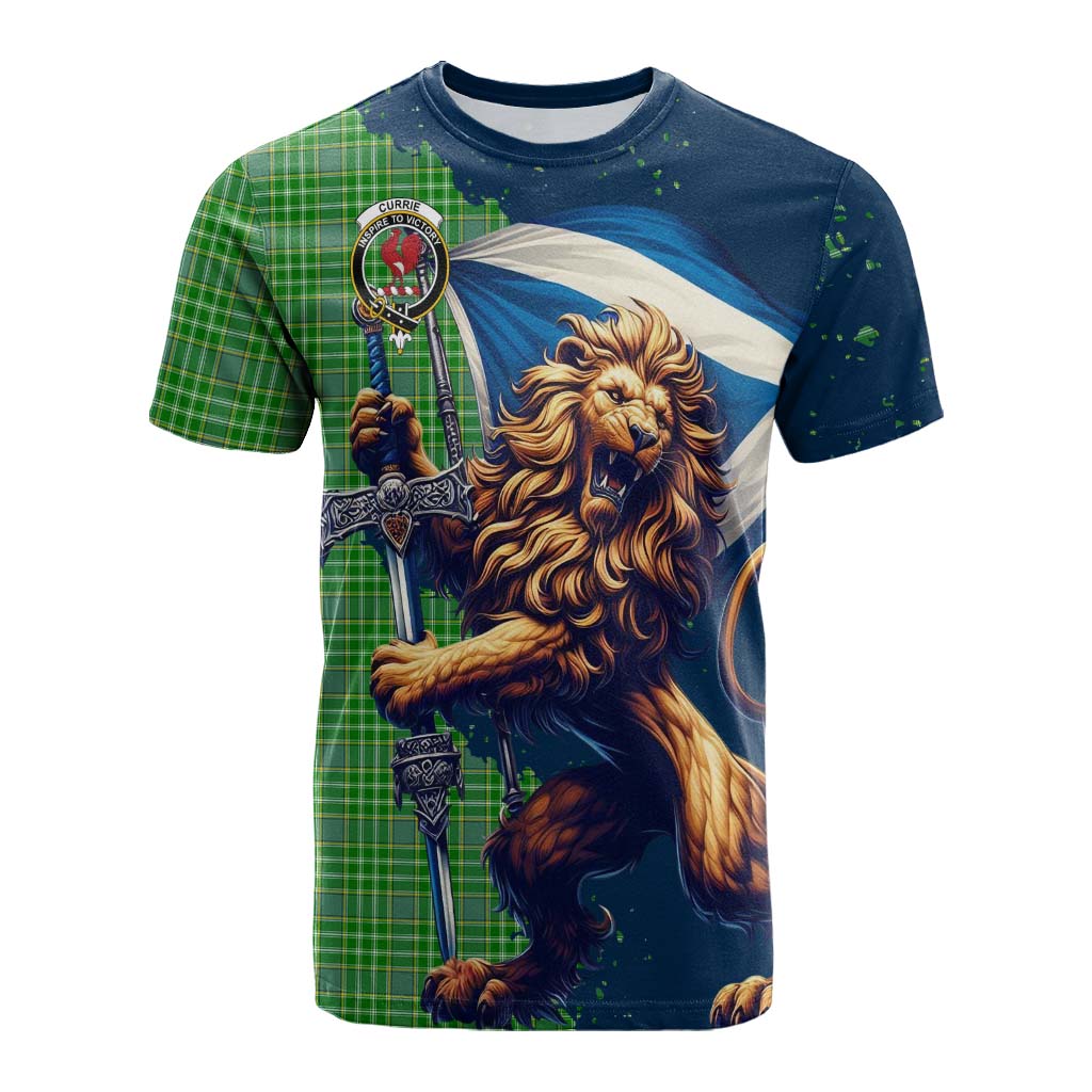 Tartan Vibes Clothing Currie Tartan Family Crest Cotton T-shirt with Scottish Majestic Lion