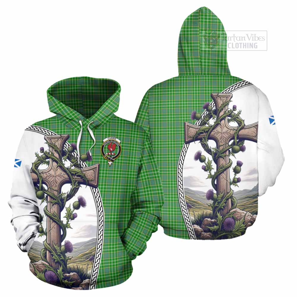 Tartan Vibes Clothing Currie Tartan Hoodie with Family Crest and St. Andrew's Cross Accented by Thistle Vines