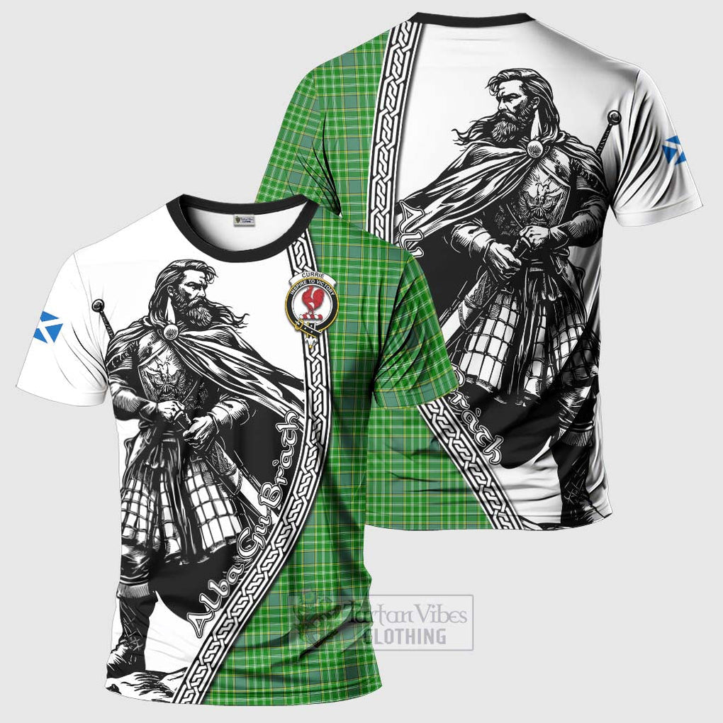 Tartan Vibes Clothing Currie Tartan Clan Crest T-Shirt with Highlander Warrior Celtic Style