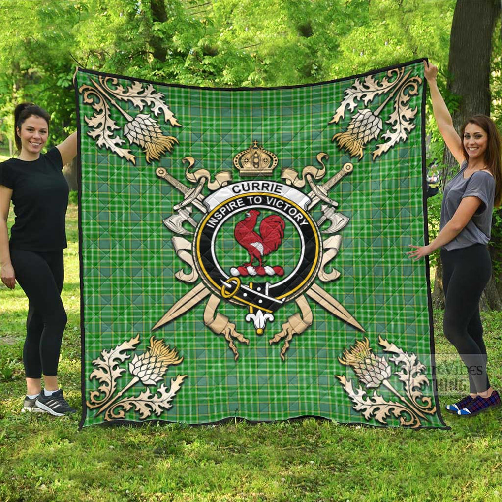 Tartan Vibes Clothing Currie Tartan Quilt with Family Crest and Scottish Golden Courage Shield