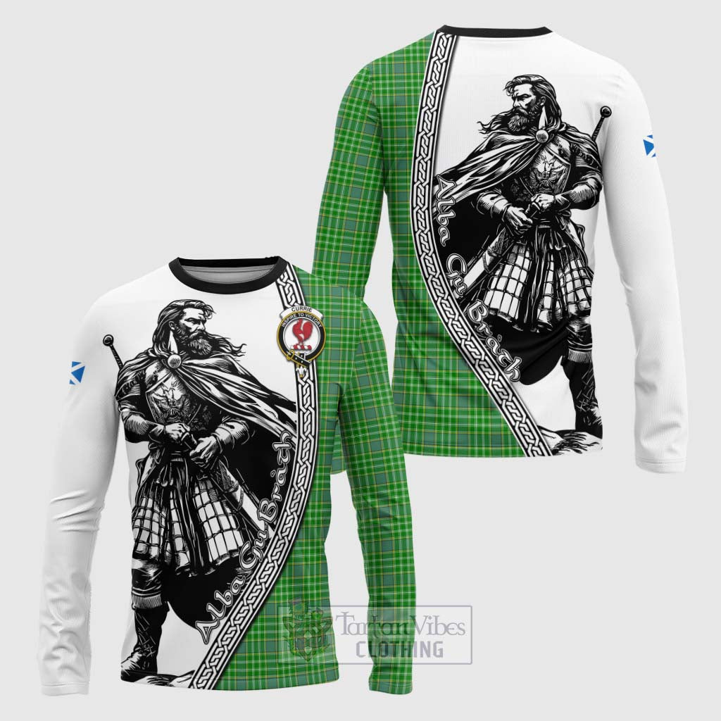 Tartan Vibes Clothing Currie Tartan Clan Crest Long Sleeve T-Shirt with Highlander Warrior Celtic Style