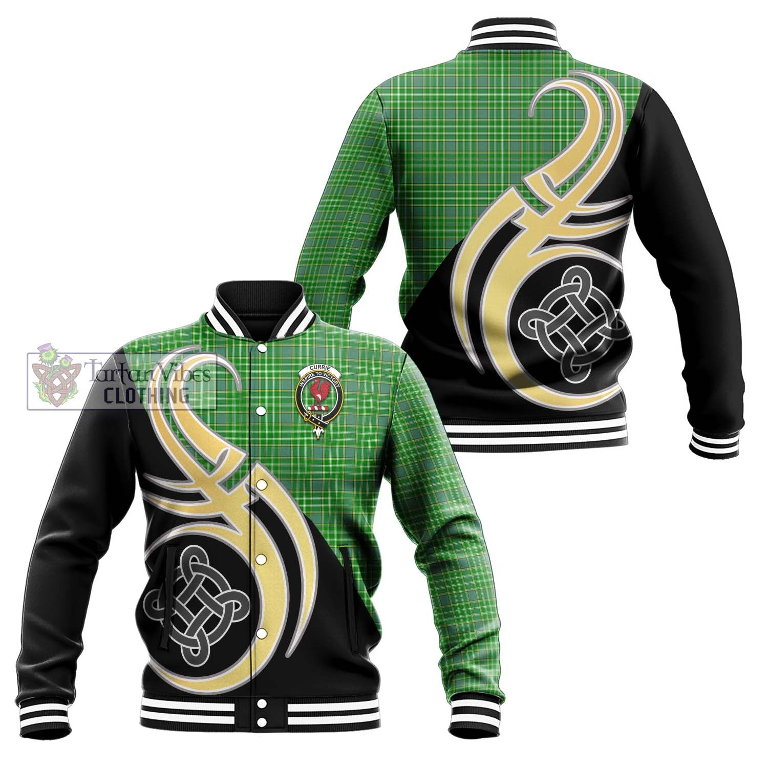 Tartan Vibes Clothing Currie Tartan Baseball Jacket with Family Crest and Celtic Symbol Style