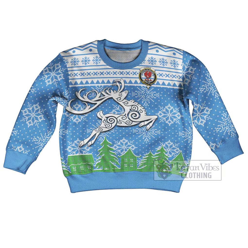 Tartan Vibes Clothing Currie Clan Christmas Kid Ugly Sweater with Tartan and Celtic Raindeer Style