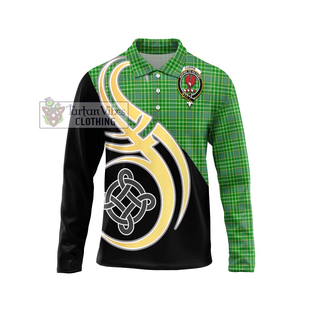 Currie Tartan Long Sleeve Polo Shirt with Family Crest and Celtic Symbol Style Unisex - Tartan Vibes Clothing