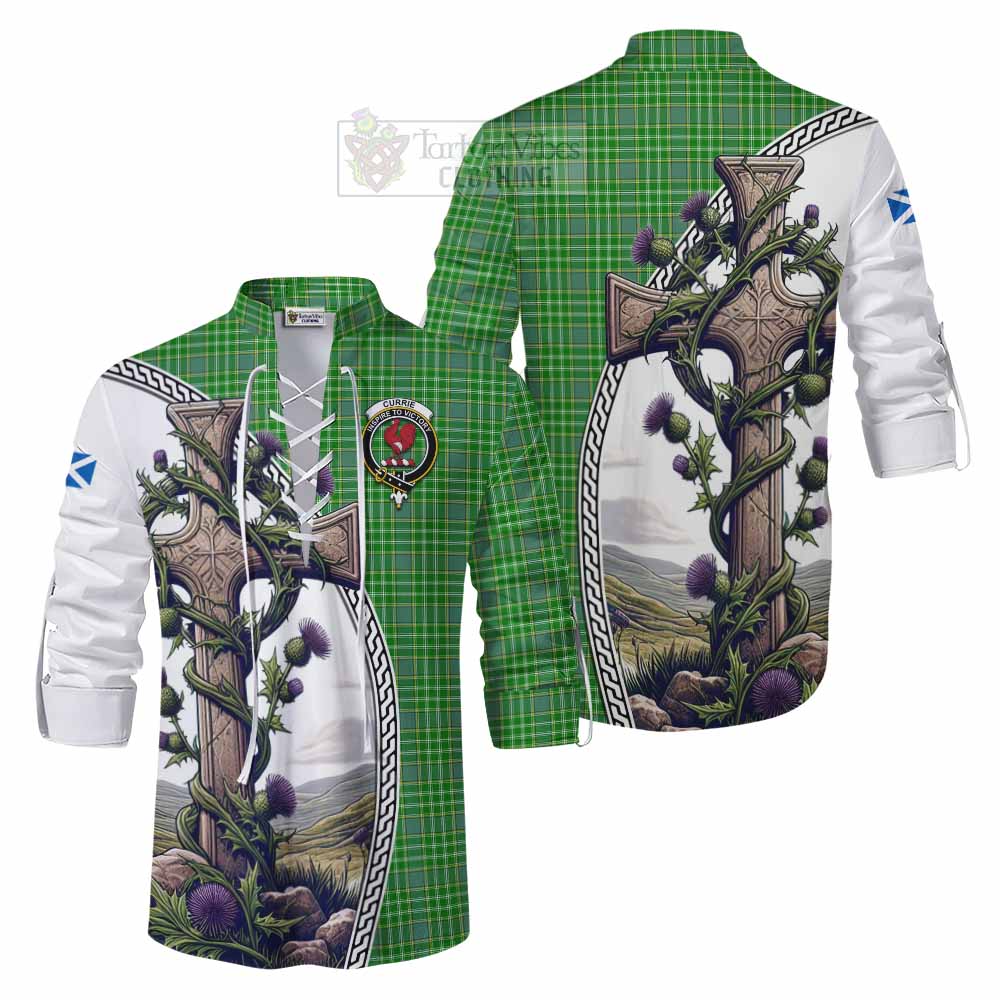 Tartan Vibes Clothing Currie Tartan Ghillie Kilt Shirt with Family Crest and St. Andrew's Cross Accented by Thistle Vines