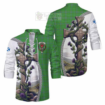 Currie Tartan Ghillie Kilt Shirt with Family Crest and St. Andrew's Cross Accented by Thistle Vines