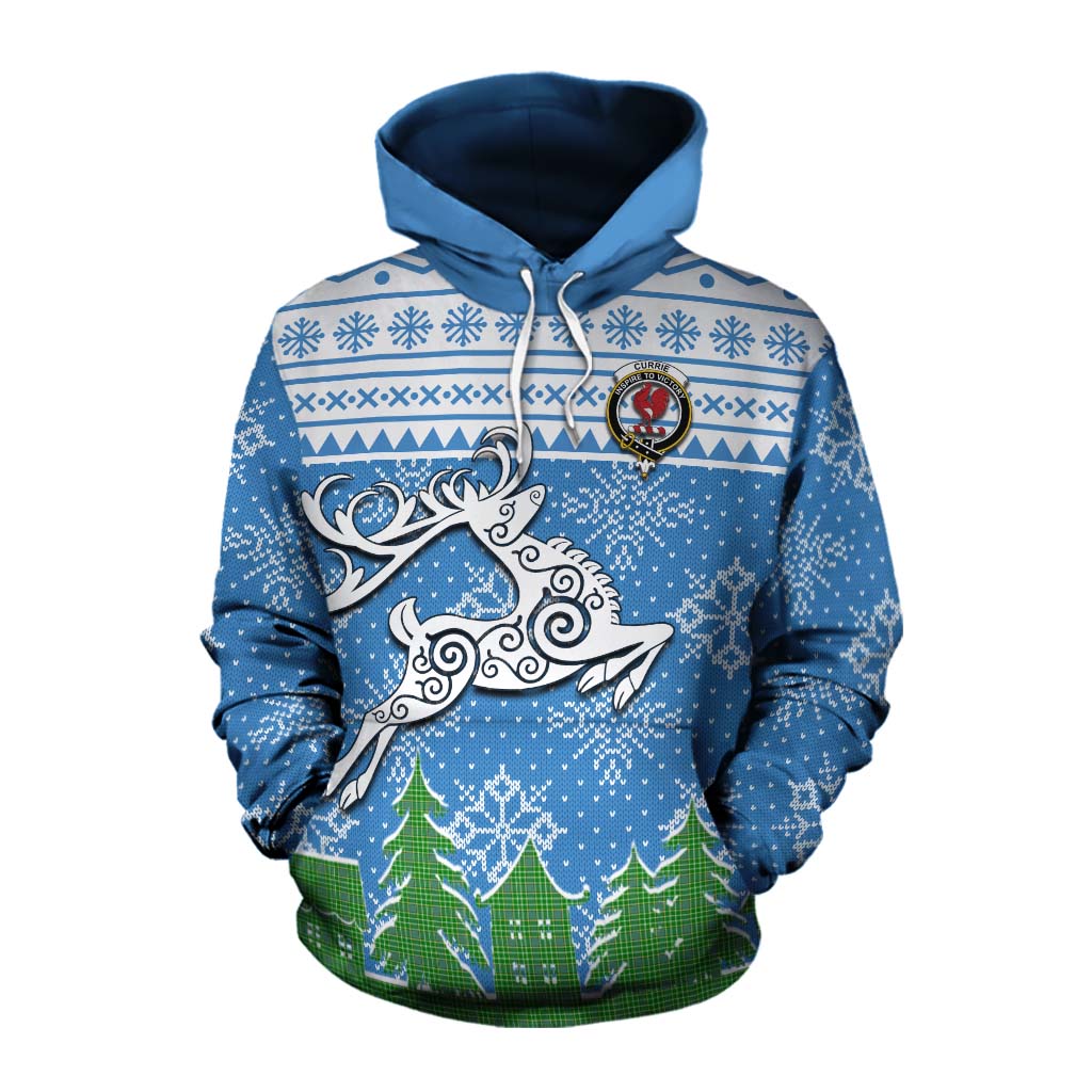 Tartan Vibes Clothing Currie Clan Christmas Cotton Hoodie Celtic Reindeer Style