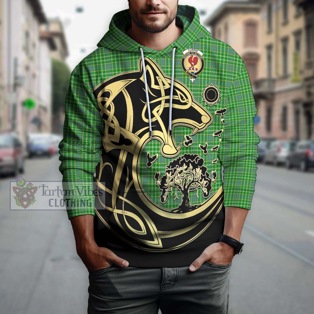 Tartan Vibes Clothing Currie Tartan Hoodie with Family Crest Celtic Wolf Style