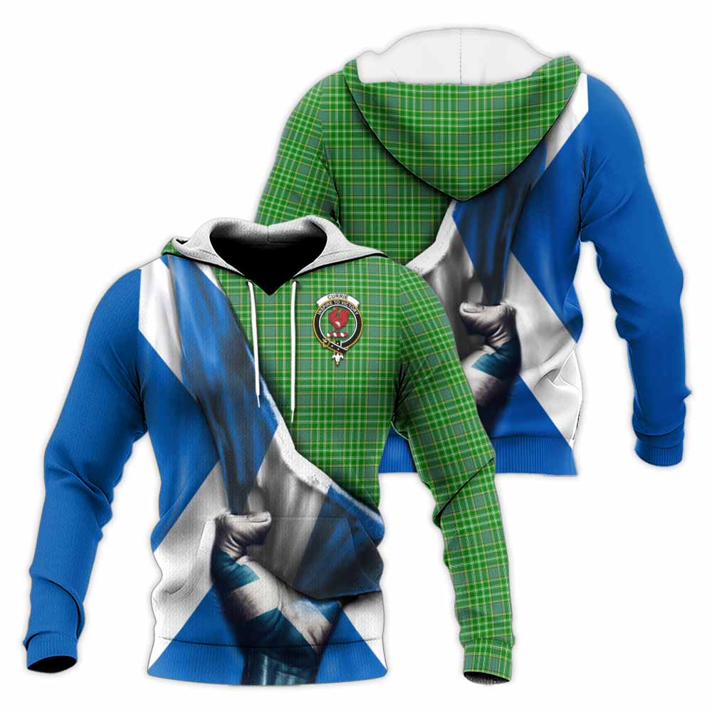 Tartan Vibes Clothing Currie Tartan Knitted Hoodie with Family Crest Scotland Patriotic Style