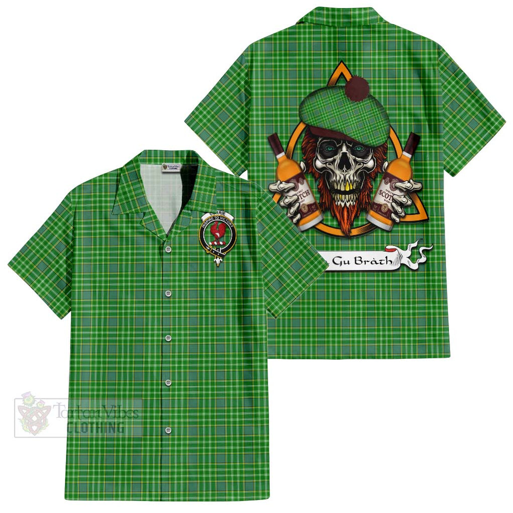 Tartan Vibes Clothing Currie Tartan Short Sleeve Button Shirt with Family Crest and Bearded Skull Holding Bottles of Whiskey