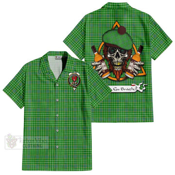 Currie Tartan Short Sleeve Button Shirt with Family Crest and Bearded Skull Holding Bottles of Whiskey