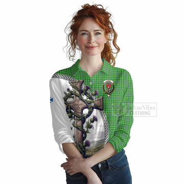 Currie Tartan Women's Casual Shirt with Family Crest and St. Andrew's Cross Accented by Thistle Vines