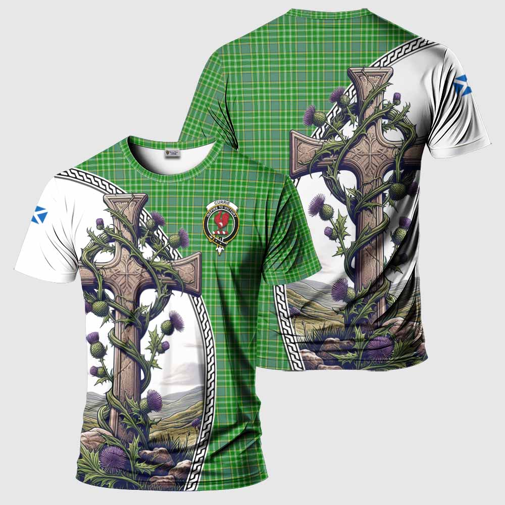 Tartan Vibes Clothing Currie Agnew Tartan T-Shirt with Family Crest and St. Andrew's Cross Accented by Thistle Vines