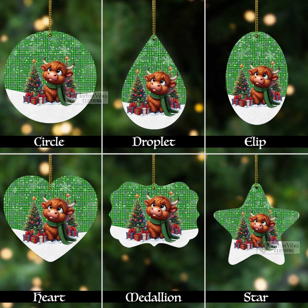 Tartan Vibes Clothing Currie Tartan Christmas Aluminium Ornament with Adorable Highland Coo