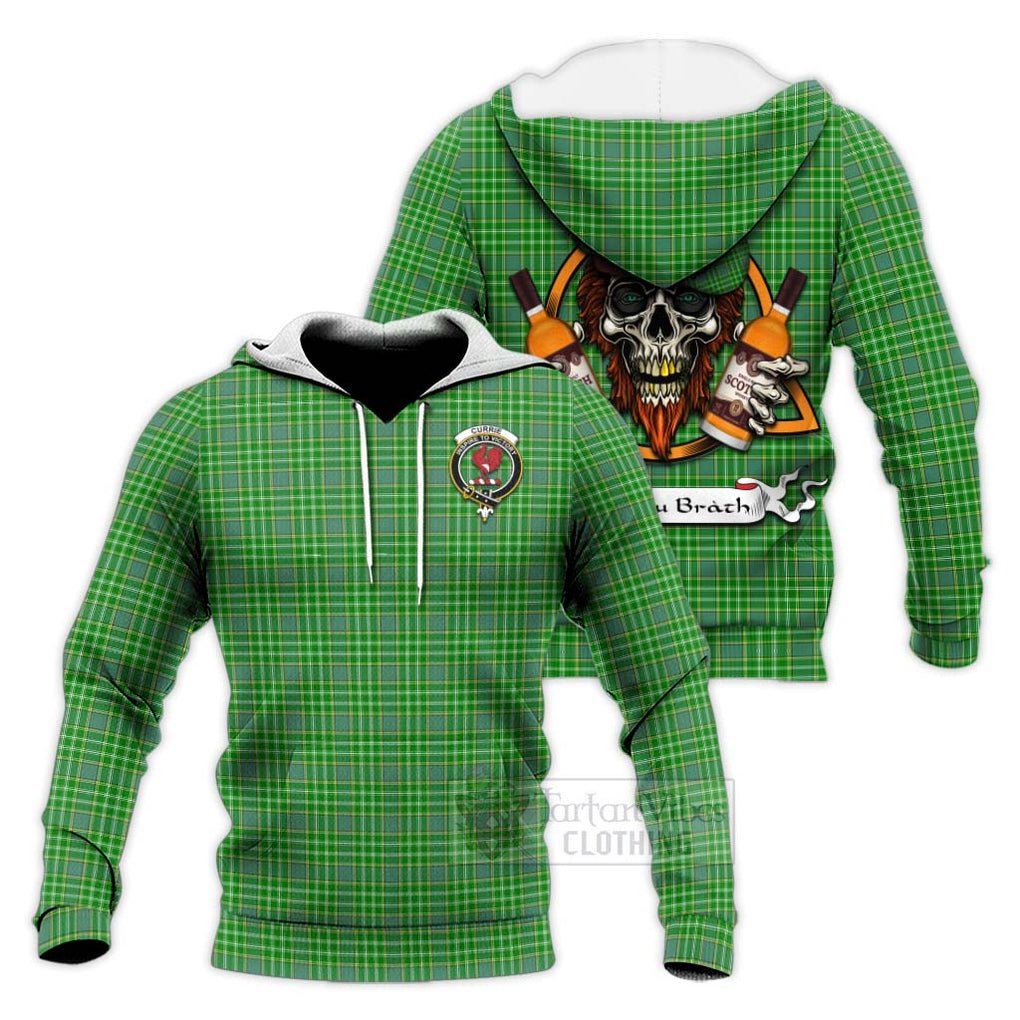 Tartan Vibes Clothing Currie Tartan Knitted Hoodie with Family Crest and Bearded Skull Holding Bottles of Whiskey