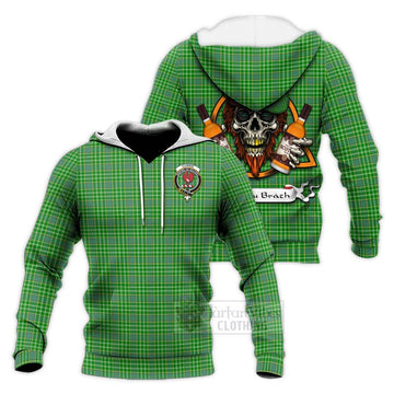 Currie Tartan Knitted Hoodie with Family Crest and Bearded Skull Holding Bottles of Whiskey