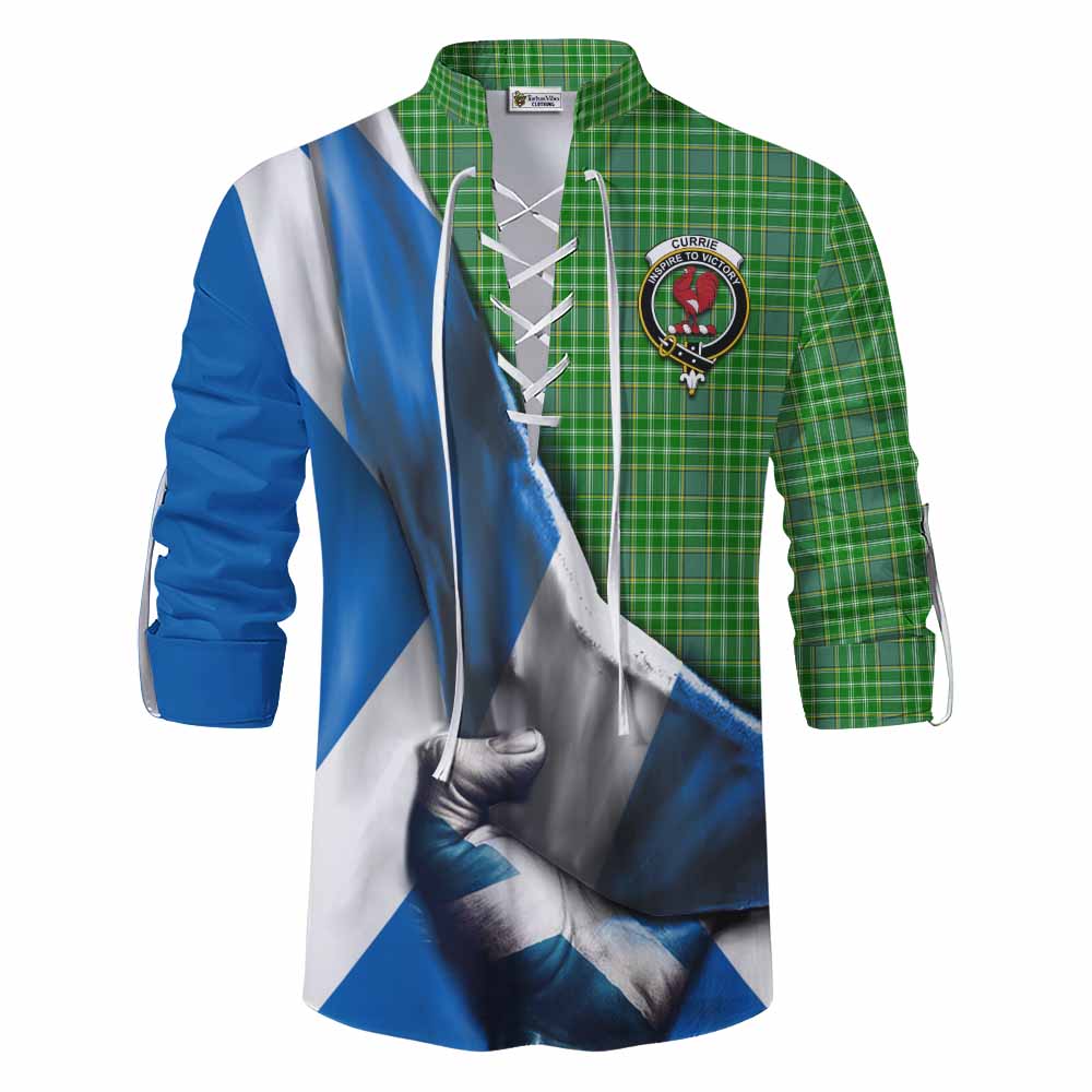 Tartan Vibes Clothing Currie Tartan Ghillie Kilt Shirt with Family Crest Scotland Patriotic Style