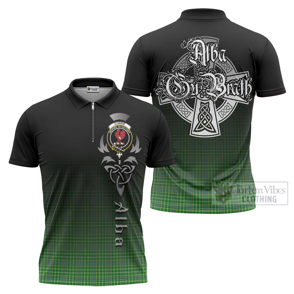 Tartan Vibes Clothing Currie Tartan Zipper Polo Shirt Featuring Alba Gu Brath Family Crest Celtic Inspired