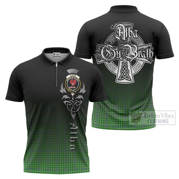 Currie Tartan Zipper Polo Shirt Featuring Alba Gu Brath Family Crest Celtic Inspired