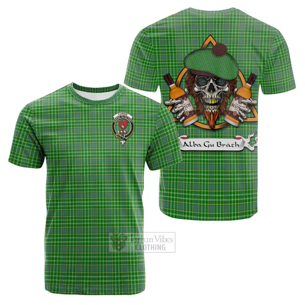 Tartan Vibes Clothing Currie Tartan Cotton T-shirt with Family Crest and Bearded Skull Holding Bottles of Whiskey