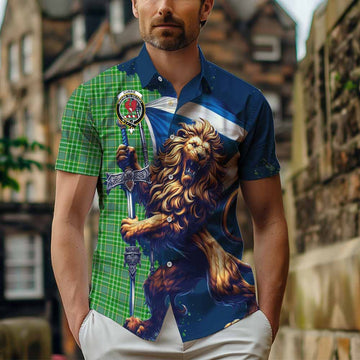 Currie Tartan Family Crest Short Sleeve Button Shirt with Scottish Majestic Lion