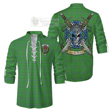 Currie Tartan Ghillie Kilt Shirt with Family Crest Celtic Skull Style