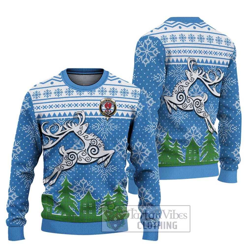 Tartan Vibes Clothing Currie Clan Christmas Ugly Sweater with Tartan and Celtic Raindeer Style