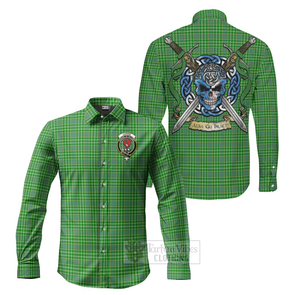 Tartan Vibes Clothing Currie Tartan Long Sleeve Button Shirt with Family Crest Celtic Skull Style