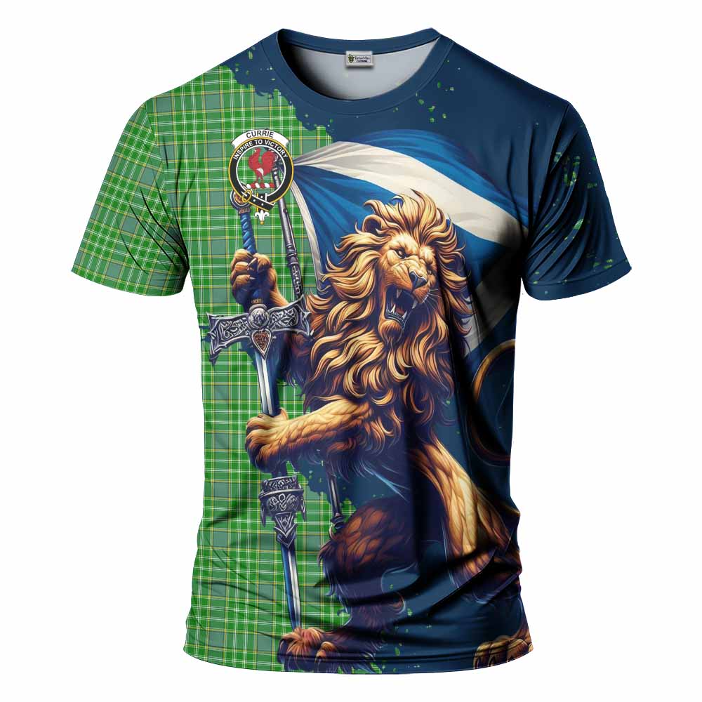 Tartan Vibes Clothing Currie Tartan Family Crest T-Shirt with Scottish Majestic Lion