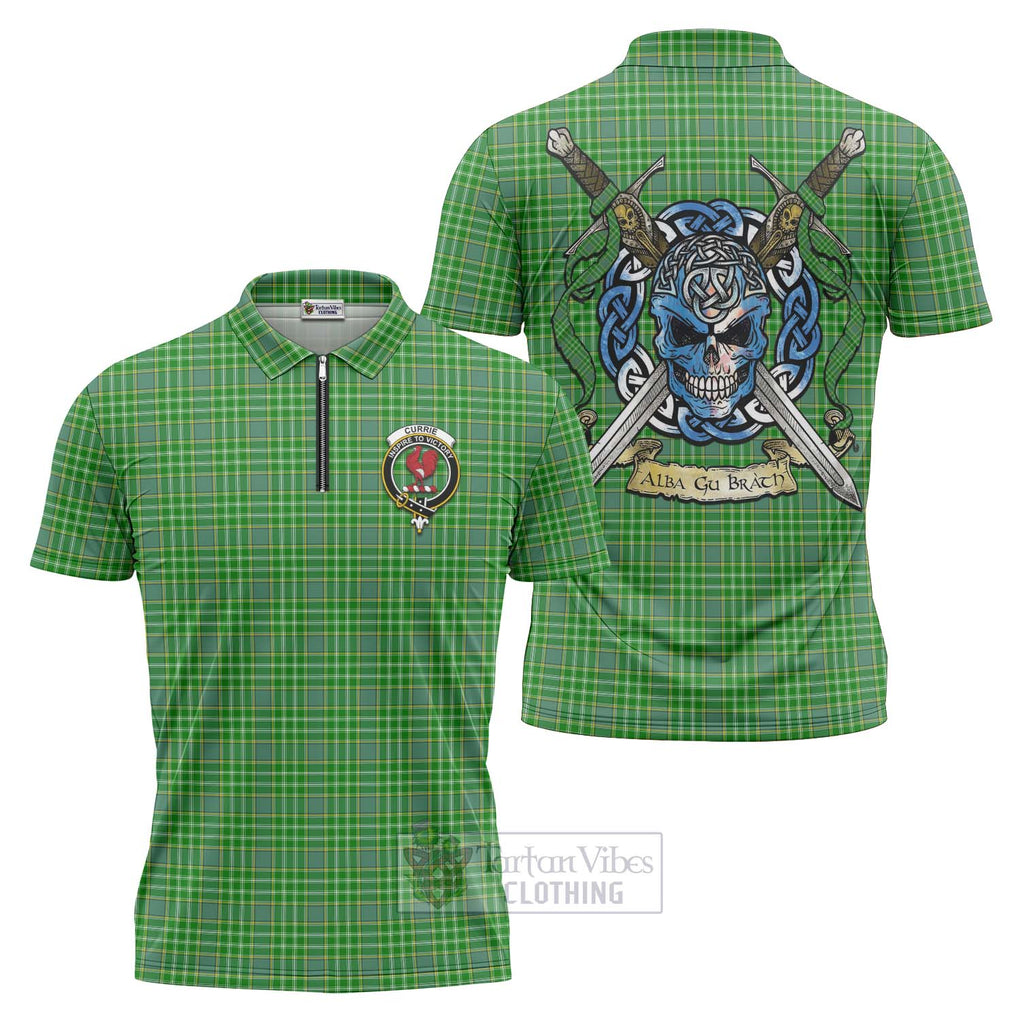 Tartan Vibes Clothing Currie Tartan Zipper Polo Shirt with Family Crest Celtic Skull Style