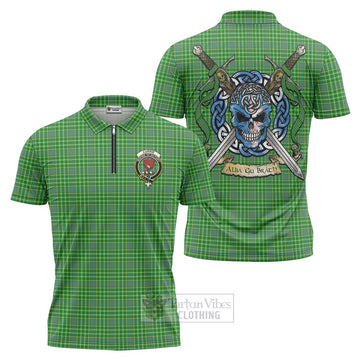 Currie Tartan Zipper Polo Shirt with Family Crest Celtic Skull Style