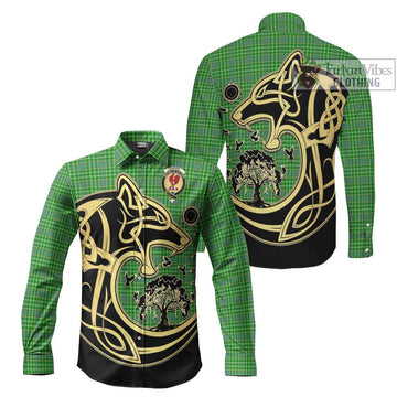 Currie Tartan Long Sleeve Button Shirt with Family Crest Celtic Wolf Style